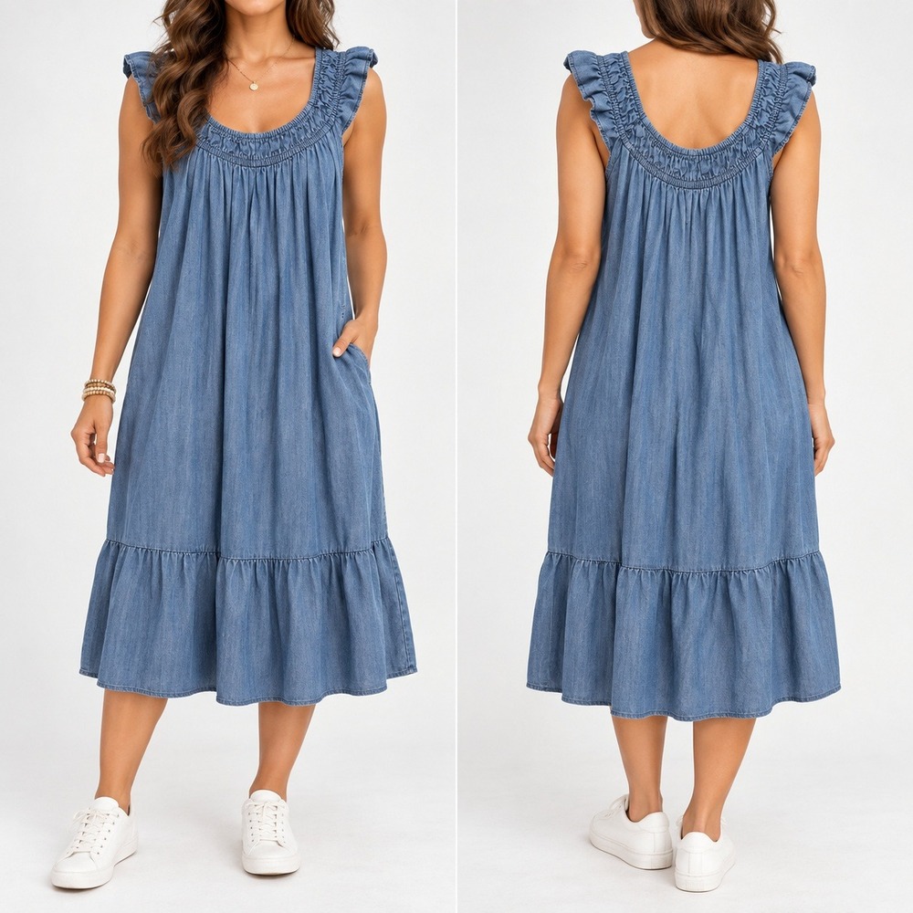 LOFT Outlet Dress Womens XSP Blue Lyocell Smocked Ruffle Tiered Midi 588672